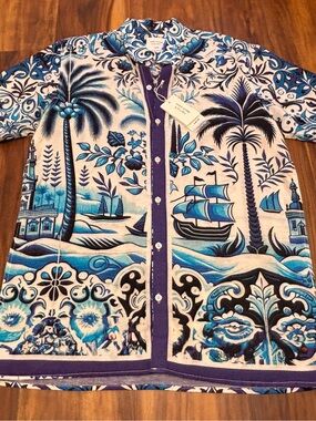 Blue Palm & Sail Button-Down Casual Shirt - Unbranded